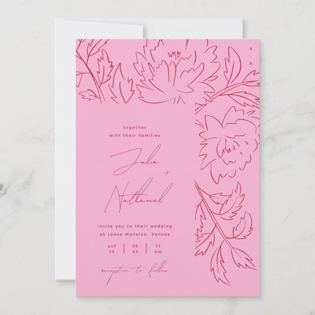 Invitación Boda floral colorido rosa y roja (Anverso)