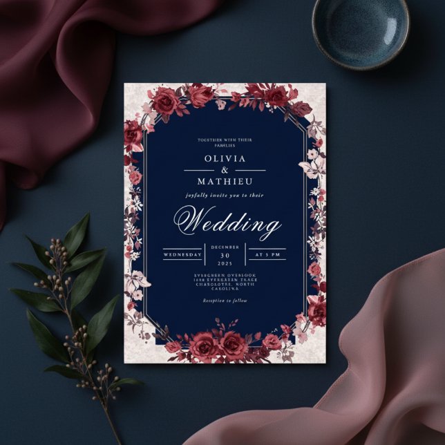 Invitación Boda floral con arco de rosa de Borgoña (Subido por el creador)