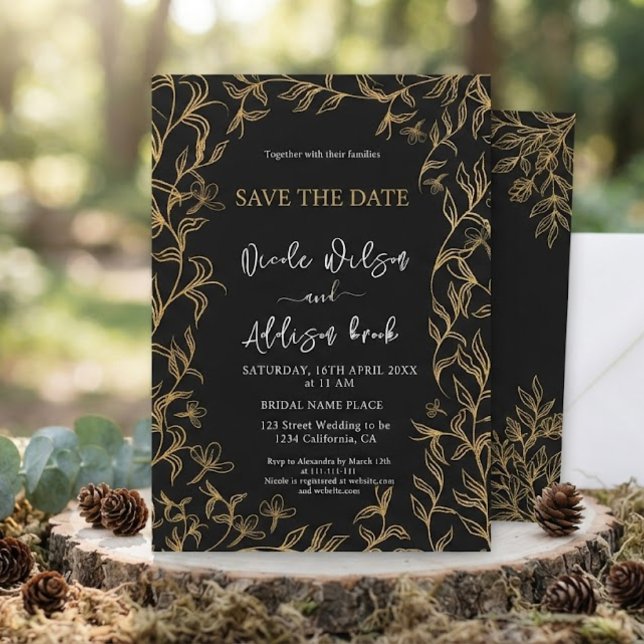Invitación Boda Floral con Bordes de Oro Negro (Subido por el creador)