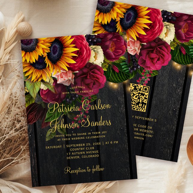 Invitación Boda floral con código QR de madera de granero rús (Subido por el creador)