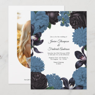 Invitación Boda floral con código QR y foto en azul negro y p