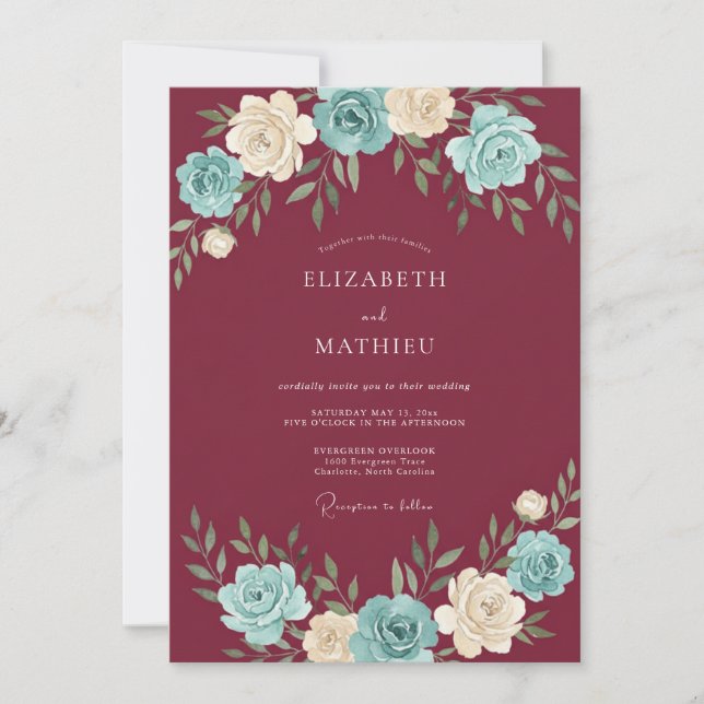 Invitación Boda floral con corona de Borgoña (Anverso)