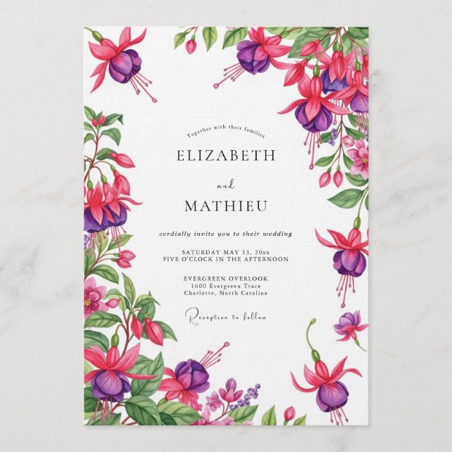Invitación Boda floral con drapeado fucsia (Anverso)