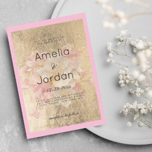 Invitación Boda floral con flores de cerezo rosa blanco dorad