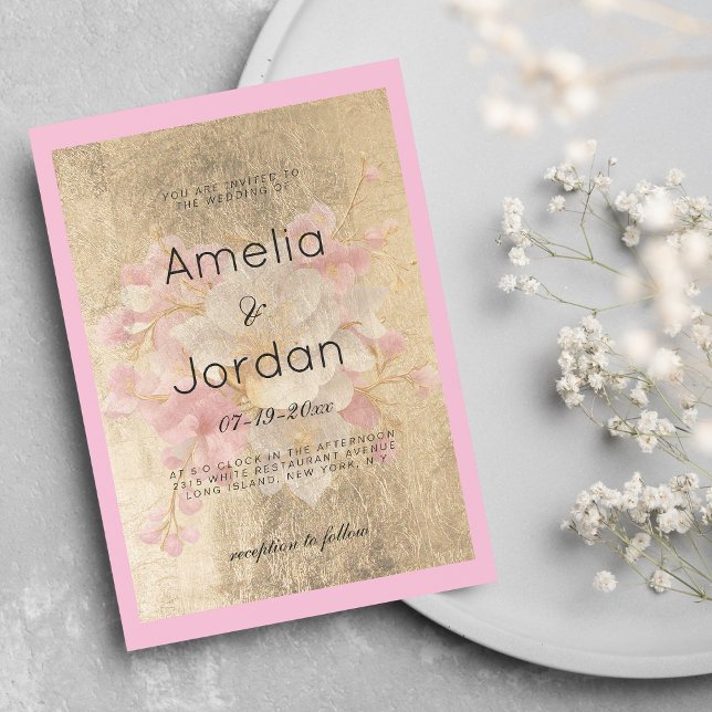 Invitación Boda floral con flores de cerezo rosa blanco dorad (Gold white pink cherry blossom floral wedding )