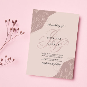 Invitación Boda floral con iniciales en monograma de color ro