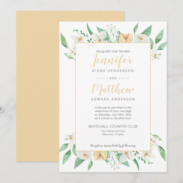 Invitación Boda floral con marco floral blanco y amarillo (Anverso / Reverso)