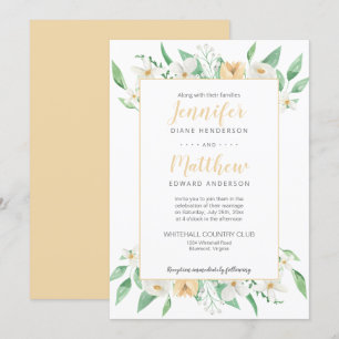 Invitación Boda floral con marco floral blanco y amarillo