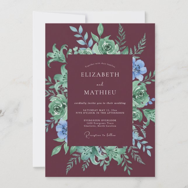 Invitación Boda floral con menta de Borgoña (Anverso)