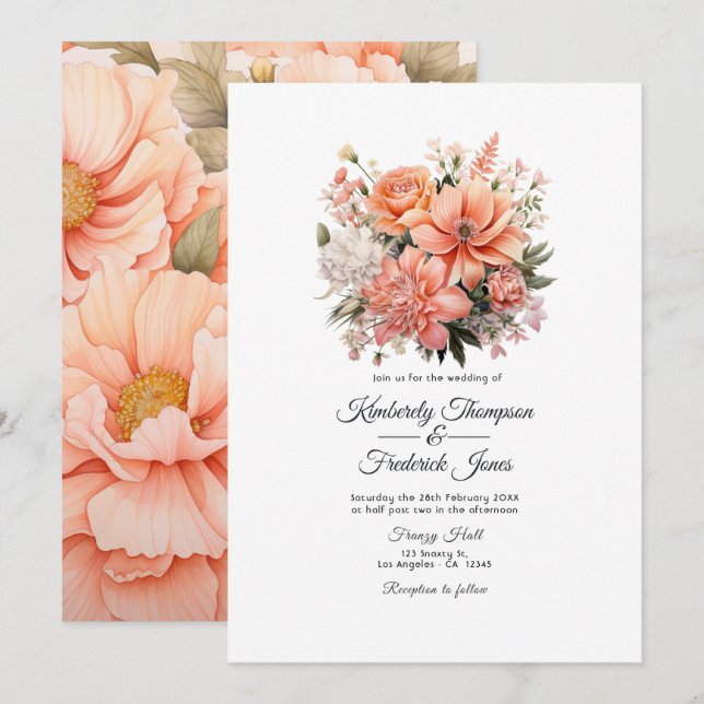 Invitación Boda floral con Peach Fuzz (Anverso / Reverso)