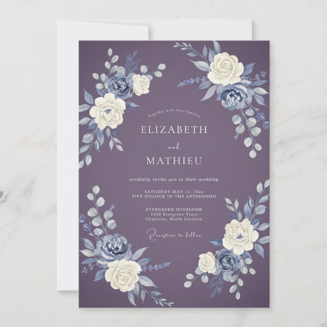 Invitación Boda floral con pinceladas de ciruela (Anverso)