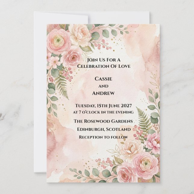 Invitación Boda floral con rubor rosa (Anverso)