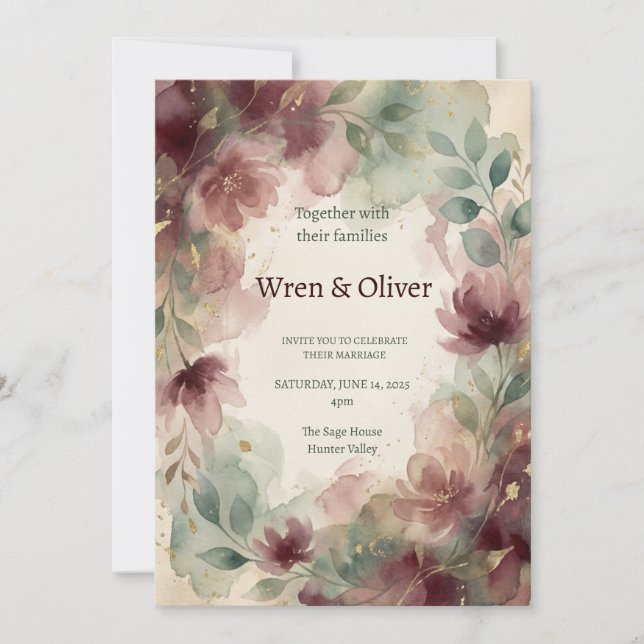 Invitación Boda floral con toque de borgoña (Anverso)