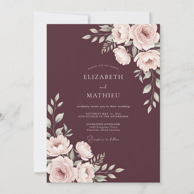 Invitación Boda floral con toque de Borgoña (Anverso)