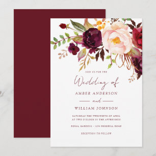 Invitación Boda floral con toque de borgoña rosado