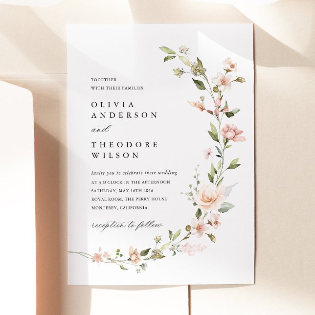 Invitación Boda floral con toque de melocotón (Peach Blush Floral Wedding Invitation, Garden Wedding Invite Watercolor Botanical Wedding Stationery)