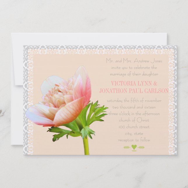 Invitación Boda floral Coral and Lace Peony (Anverso)