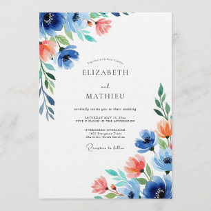Invitación Boda Floral Coral Azul