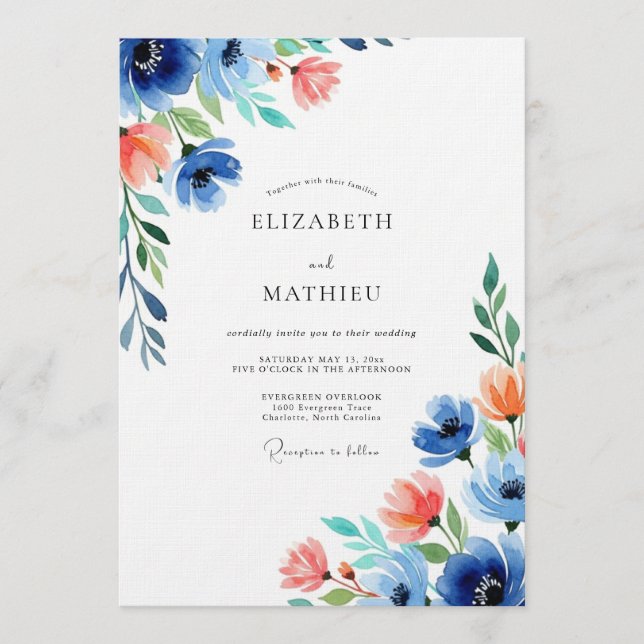 Invitación Boda Floral Coral Azul (Anverso)