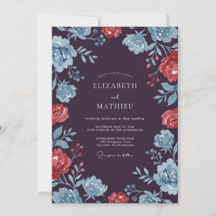 Invitación Boda Floral Coral Azul Ciruela