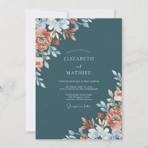 Invitación Boda Floral Coral Azul Polvoriento