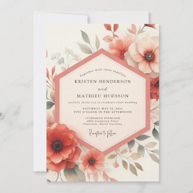 Invitación Boda Floral Coral en Flor (Anverso)