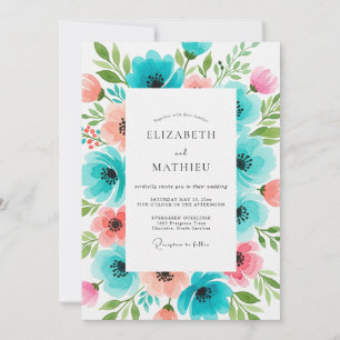 Invitación Boda Floral Coral Teal Floración