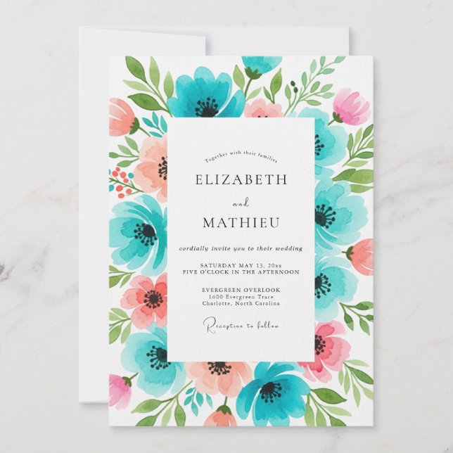 Invitación Boda Floral Coral Teal Floración (Anverso)