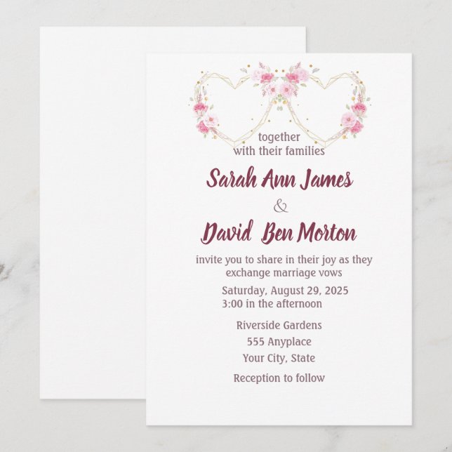 Invitación Boda Floral Corazón Rosa Acuarela  (Anverso / Reverso)