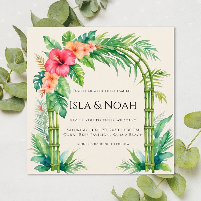 Invitación Boda floral costera con arco de bambú tropical (Subido por el creador)