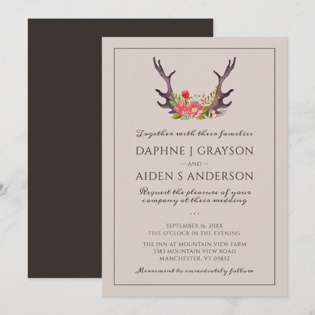 Invitación Boda floral Country Deer Antler (Anverso / Reverso)