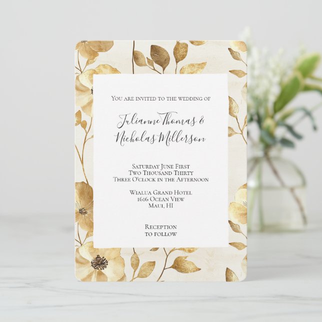 Invitación Boda floral Cream Gold (Anverso de pie)