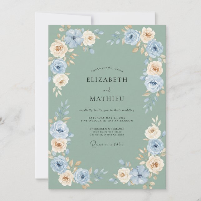 Invitación Boda floral crema azul (Anverso)