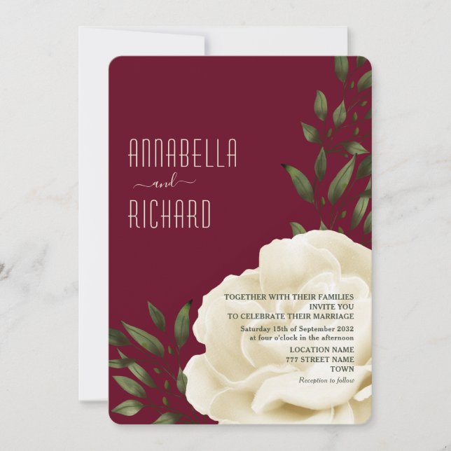 Invitación Boda Floral Crema Borgoña (Anverso)