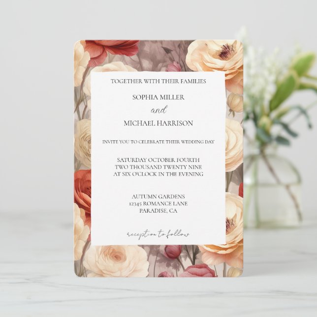 Invitación Boda floral crema roja romántica (Anverso de pie)
