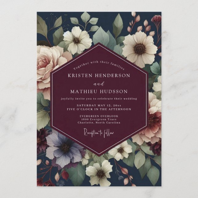 Invitación Boda floral crepuscular borgoña (Anverso)