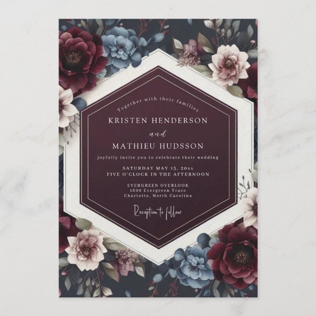 Invitación Boda Floral Crepuscular Carmesí (Anverso)
