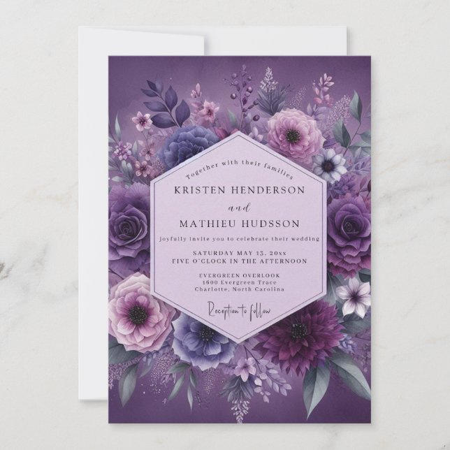 Invitación Boda Floral Crepuscular Ciruela (Anverso)