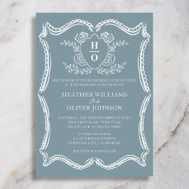 Invitación Boda Floral Crest Vintage Regencia Azul Polvorient