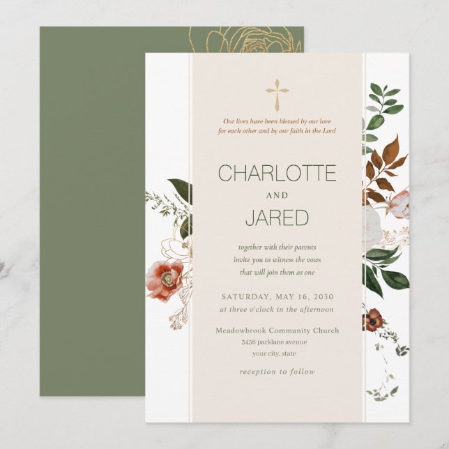 Invitación Boda floral cristiana verde y borgoñona (Anverso / Reverso)