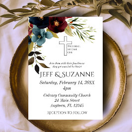 Invitación Boda Floral Cruz Azul y Borgoña Dos se Convierten