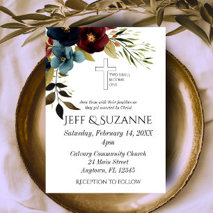 Invitación Boda Floral Cruz Azul y Borgoña Dos se Convierten 