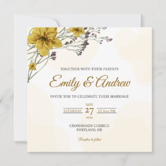 Invitación Boda floral cuadrada acuarela margarita amarilla