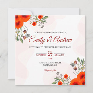 Invitación Boda floral cuadrada acuarela rosa amapola naranja