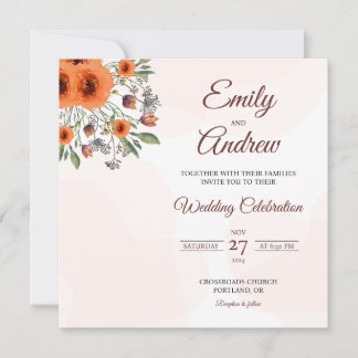 Invitación Boda floral cuadrada acuarela Rosa Naranja