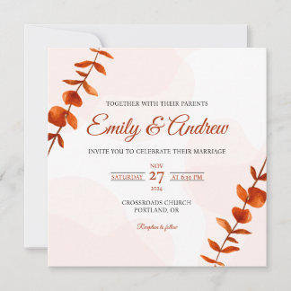 Invitación Boda floral cuadrada acuarela tallo hoja óxido