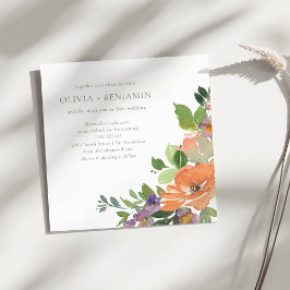 Invitación Boda floral cuadrada de acuarela púrpura naranja
