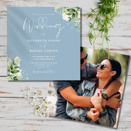 Invitación Boda floral cuadrada de azul polvoriento con veget