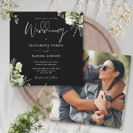 Invitación Boda floral cuadrada en blanco y negro con vegetac