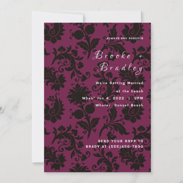 Invitación Boda Floral Damask Rosa Oscuro (Anverso)